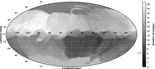 Fig. A.2. Coverage map of the surface of Psyche. The number of times each facet of our shape model has been imaged is represented by different gray levels (zero would be black)