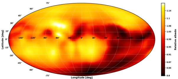 Fig. A.4. Relative albedo map distribution derived with ADAM. The bright region visible in the images of 2018 (Fig