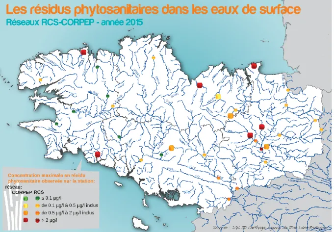 Figure 1 : Les résidus phytosanitaires dans les eaux de surface en  Bretagne – Pesticides residues in surface water in Bretagne (OEB 2017) 