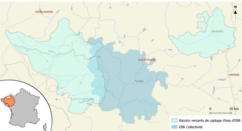 Figure 2 : Une absence de superposition du territoire de production et de consommation d’eau potable par les habitants  des communes d’Eau du Bassin Rennais (Source : auteur, EBR) 