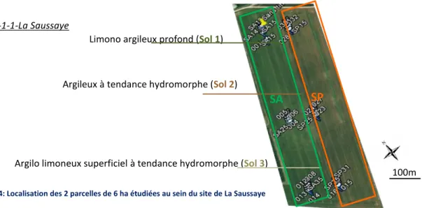 Figure 5: Rotations culturales et fumures des cinq Dernières années à la Saussaye (2011-2015) Figure 4: Localisation des 2 parcelles de 6 ha étudiées au sein du site de La Saussaye 