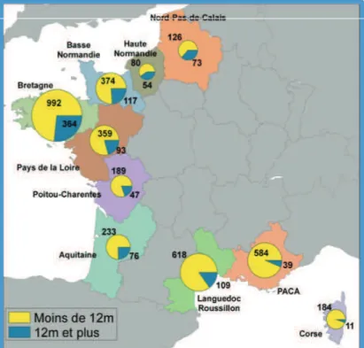 Figure  n°9 :  Répartition  des  bateaux  par  région  et  par  taille en France en 2010 16