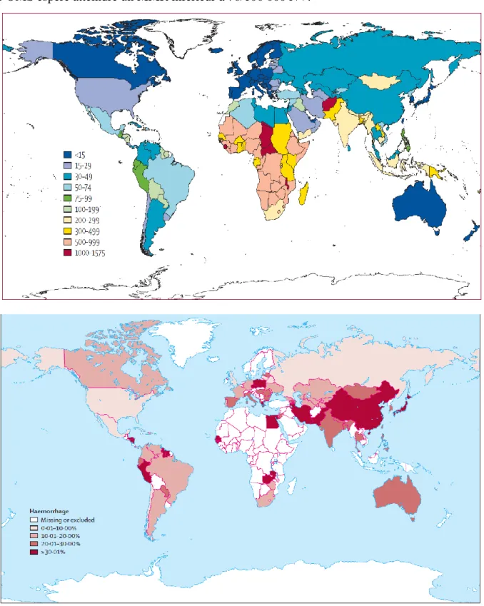 Figure 1. Haut : Taux de mortalité maternel pour 100 000 naissances vivantes. Le continent africain et l’Asie du sud-est payent  un lourd tribut à la mortalité maternelle (7)