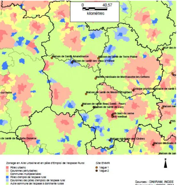 Figure 12 - Localisation des MSP étudiées par rapport au zonage en aire urbaine et en pôle  d'emplois de l'espace rural 