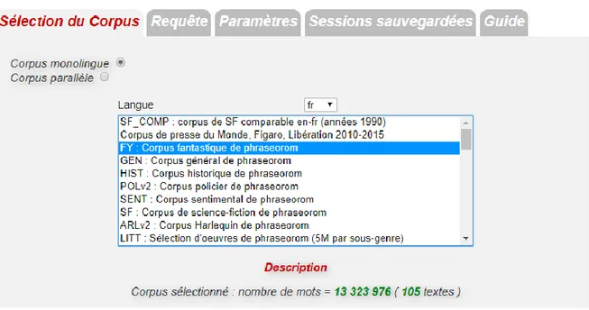 Figure 1 : Le choix du corpus dans le Lexicoscope 