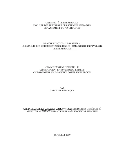 Validation De La Grille D'observation Des Indices De Sécurité Affective 