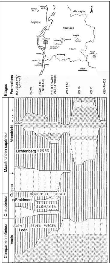 Figure 3. Lithostratigraphie et chronostratigraphie schématiques du Campanien et du Maastrichtien dans le Sud  du Limbourg (Belgique et Pays-Bas) (modifié d’après Robaszynski et al., 1985)