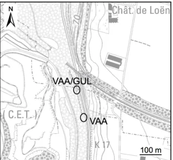 Figure 4. Localisation des affleurements situés au nord d’Halembaye où sont exposés le sommet de la Formation  de Vaals (VAA) et son contact avec la Formation de Gulpen (GUL)