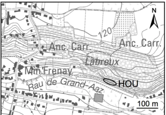 Figure 2. Localisation de l’unique affleurement exposant le Groupe houiller entre Heure-le-Romain et Haccourt