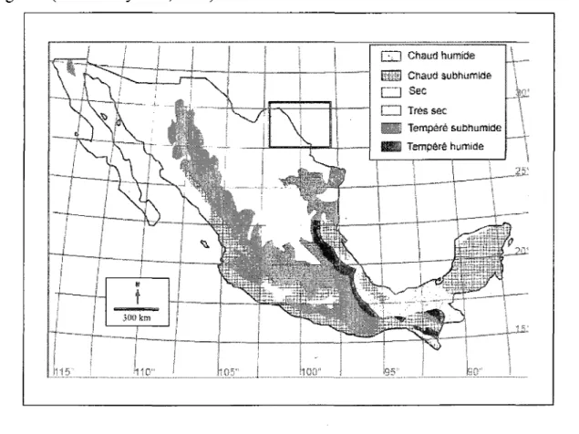 Figure 10 : Zone d'etude materialisee par le rectangle  Tire de http://www.lib.utexas.edu/maps/atlas_mexico/climate.jpg 