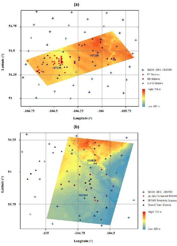 Figure 4. 2 : Digital terrain model and networks of soil moisture measurement stations for the  (a) Kenaston site and (b) BERMS site 