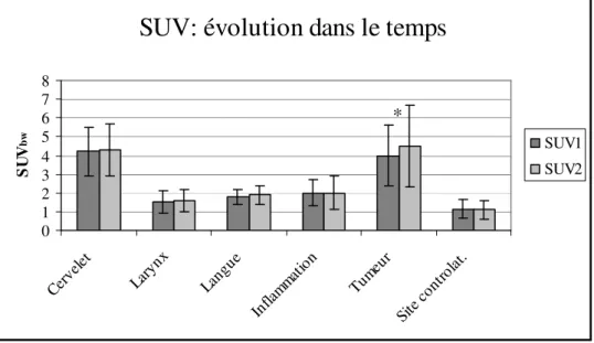 Figure 5.1 : Évolution dans le temps de l’activité, en valeur absolue, au sein des tumeurs et de  diverses structures
