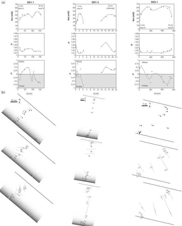 Fig. 8. Main AMS results for the eight studied sections. (a) Variation diagrams of K m , P j and T j across the dike sections; (b) maps of the sampling stations, magnetic foliations and magnetic lineations