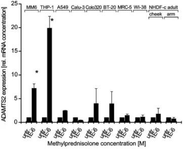 Fig. 6 Effect of methylprednisolone (MP) on ADAMTS2 mRNA levels in cell lines of the monocyte macrophage  lineage MM6 (n = 3), and THP-1 (n = 4), in epithelial cell lines A549 (n = 3), Calu-3 (n = 3), Colo320 (n = 4),  and BT-20 (n = 4) and in fibroblast c