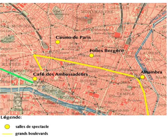Figure 1 : Carte des salles, réalisée à partir d’une carte topographique des environs de Paris, 1906 (Carte IGN,  Geoportail)