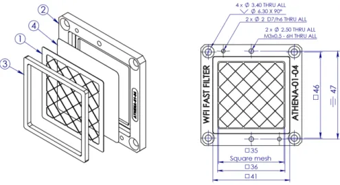 Figure 7. Left panel shows the mounting scheme of the FDA OBF, consisting of four parts glued together: 1) mesh,  2) outer frame, 3) inner frame, 4) polyimide/Al film