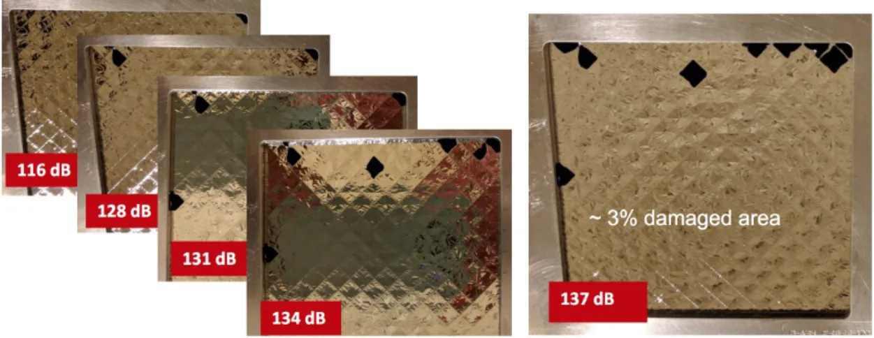 Figure 11. Pictures of the test filter sample #5, representative of a single quadrant of the LDA OBF, taken after each acoustic  test  performed  at  increasing  load  level  with  maximum  SPL  @  125  Hz  ranging  from  116  dB  to  137  dB