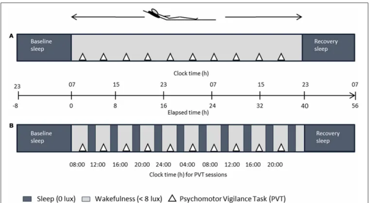 FIGURE 1 | Overview of the laboratory part. After baseline sleep (8 h), either a 40-h sleep deprivation (A) or a 40-h multiple nap paradigm (B, ten 80/160-min sleep/wake cycles) under controlled posture conditions was