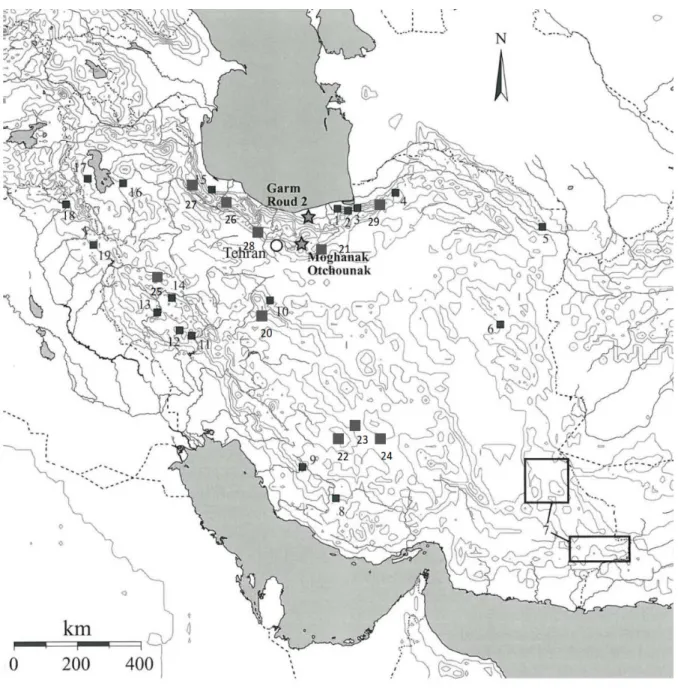 Figure 1.1.  Sites mentionnés dans le texte (voir texte pour références). 1. Ali Tappeh I ; 2