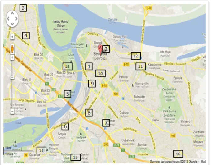 Figure 7. Les endroits géographiques de l’agglomération prises pour les enquêtes sur les lignes de  la Société des transports en commun de Belgrade 