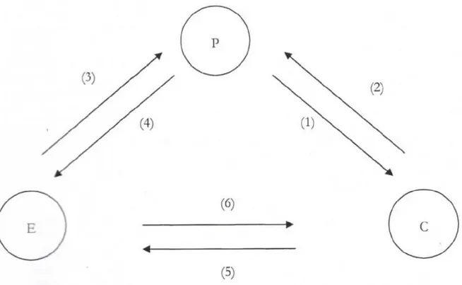 Figure 1 : Le schéma triadique de Bandura 211 P= Personne  E= Environnement  C= Comportement                                                    211  Carré, P