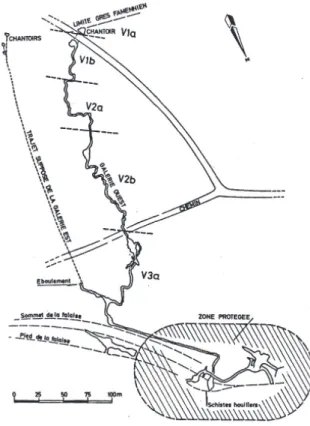 Fig. 2. – La grotte de Ramioul. Plan. Limites géolo- géolo-giques d’après E. Poty (in Ek &amp; Hubart, 1988)