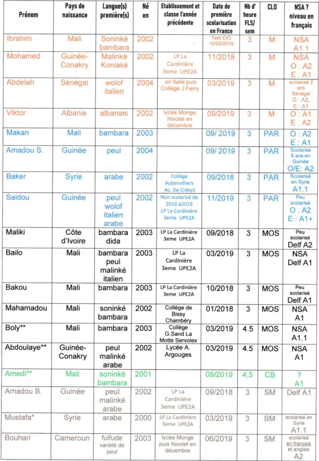 Tableau descriptif 9  des élèves EANA du lycée professionnel – CAP 1 ère  année -