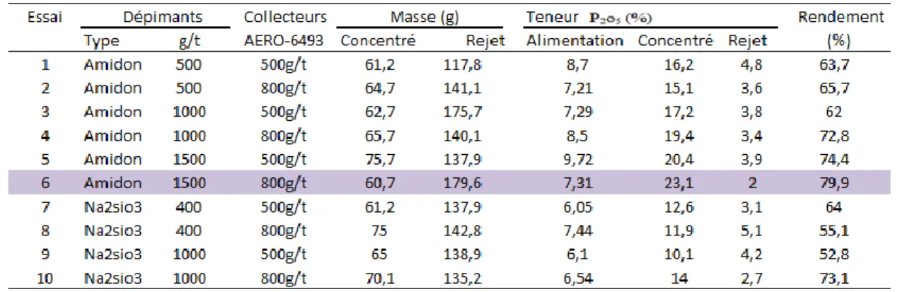 Tableau 5.1 : Ébauchage sur la fraction +0.038mm du concentré de carbonate (P 2 O 5 ) 