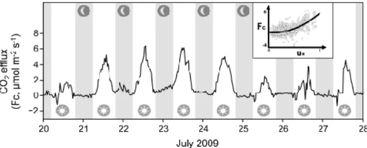 Fig. 1. Measured CO 2 efflux from an ecosystem on carbonate (dry season). Example of a period in which atmospheric turbulence  in-duces CO 2 outgassing events during the daytime in a dry Spanish
