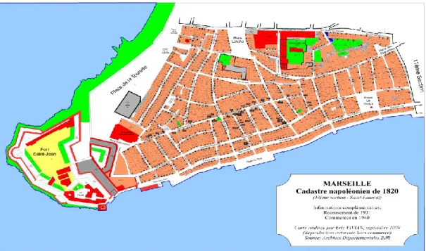 Figure 2 : Carte du cadastre napoléonien à Marseille en 1820 (Site LEXILOGOS,  http://www.lexilogos.com/marseille_carte.htm, vu le 07/08/2016) 