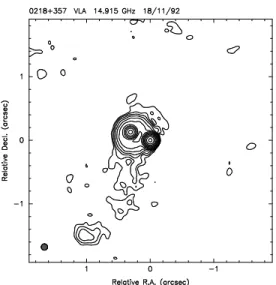 Figure 1. VLA 15 GHz radio map of B0218+357. As well as the two compact components (A to the right) and the Einstein ring, also clearly visible is a (non-lensed) radio jet to the south.
