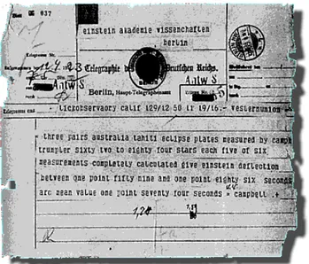 Figure 1.1: Telegram from Sir Arthur Eddington to Albert Einstein announcing their measurements confirming General Relativity.