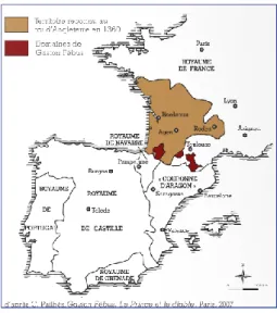 Figure  3 Carte  Foix-Béarn  entre  France, Guyenne  anglaise et péninsule Ibérique au  milieu du XIVe siècle 