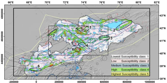 Fig. 8. Map of differences between the MGRP and the MGRP + E + F landslide susceptibility maps (here, only shown for Central Tien Shan and Fergana Basin)