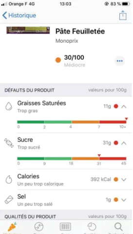 Figure 5 - Écran d’analyse des Qualités/Défauts d’un produit alimentaire  