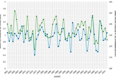Figure 2 : Relation entre la largeur de cerne (l’indice de cerne, en bleu)  et la valeur minimale atteinte au cours d’une année par la réserve en  eau disponible (en vert)