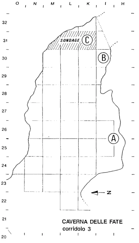 Fig.  7  - Position  d2s  coupes  êtudi~es  dans  le  Corridor  3  et  section   transver-sale  de  la  galerie