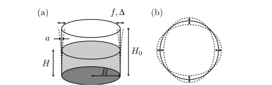 Figure 2. (a) Schematic illustration of a vibrating vessel filled with liquid. Relevant parameters are the height H 0 and the radius R of the vessel, the thickness of the rim a, the liquid level H , the frequency f and the amplitude  of the oscillating rim