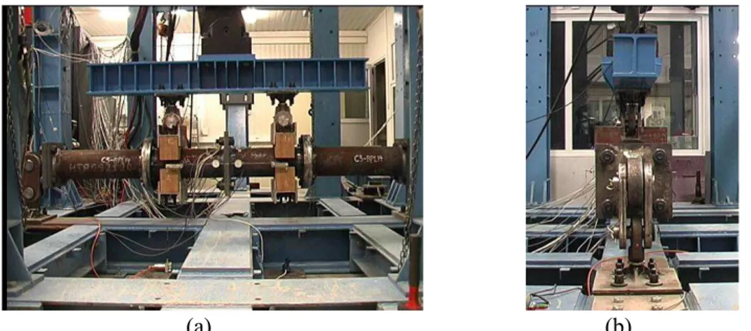 Figure 14. Test setup for the Component 3 tests: (a) front view and (b) side view with double-hinge ‘roller’ 