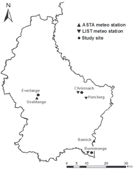 Fig. 1. Location of the study sites (filled circles) and weather stations (triangles)
