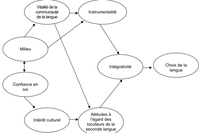 Figure 1 :  Les relations des variables motivationnelles et des critères (traduit de Csizer  et Dörnyei, 2005, p
