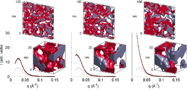 Figure 2. Reconstructed nanostructure of the  nitrobenzene/hexane phases confined in the pores of a RF  gel at T=20°C, 5°C and -14°C (from left to right) corresponding to the temperatures highlighted in Figure  1