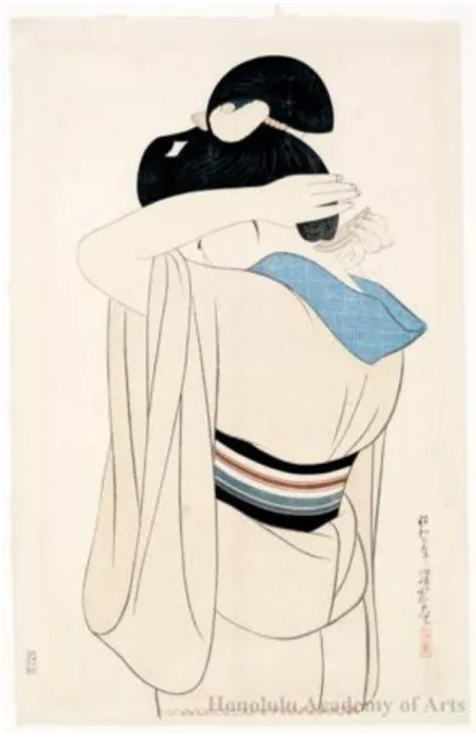 Figure n°3 : Ito Shinsui, Femme habillé d’un long kimono, 1927, impression  en couleur sur bois, 42,9cmx27,2cm, Muséed’art d’Honolulu(  https://ukiyo-e.org/image/honolulu/7666)