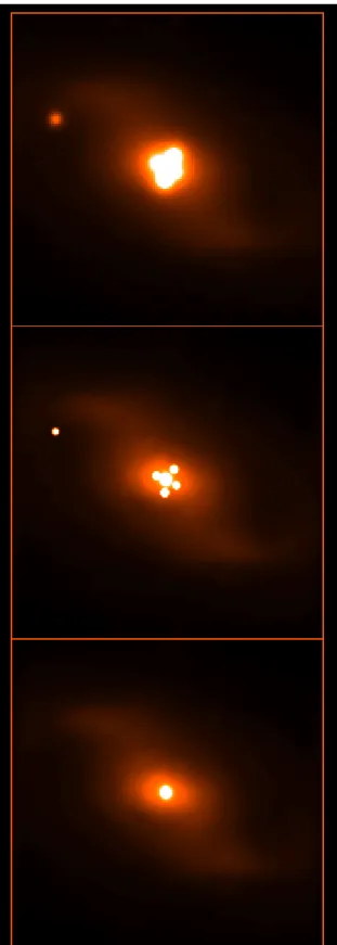 Fig. 1 presents the result obtained from the stack of our R- R-band frames. The top and the middle panels show the observed and the deconvolved frame respectively, and the bottom panel displays the numerical galaxy model obtained by the algorithm.