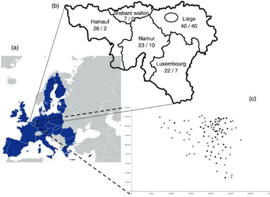 FIG 4: Study area (A) and localisation of the 116 veterinarians contacted in 2011 in Wallonia (B)