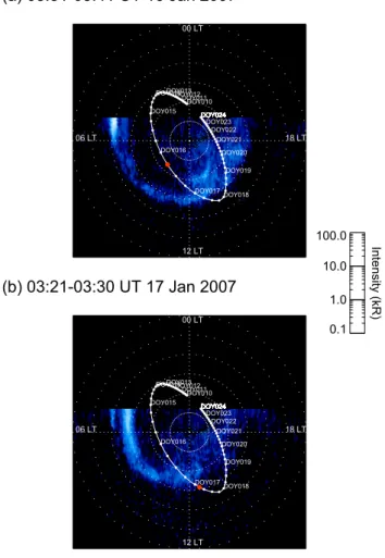 Fig. 1. Two HST/ACS UV images of Saturn’s southern auroras ob- ob-tained on consecutive “visits” in January 2007