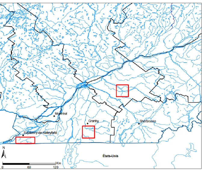 Figure  1.1.  Localisation  des  trois  aires  d’études  (en  rouge)  représentant  un  gradient  de  conditions climatiques hivernales pour le dindon sauvage dans le sud du Québec