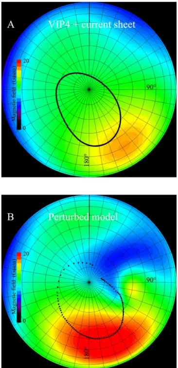 Figure 4. System III polar map of the surface magnetic field intensity (Gauss) obtained with the VIP4 plus current sheet model (a) [Connerney et al., 1998] and with the perturbed model deduced from the present study (b)