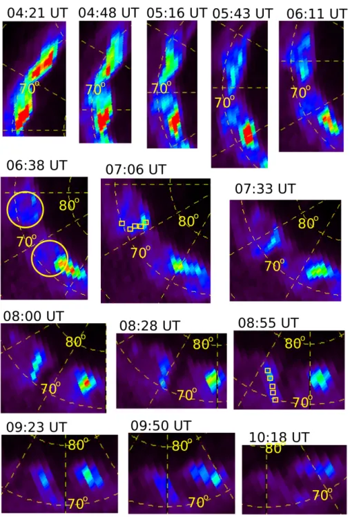 Figure 2. Projected close ups of a selected region on the polar projections from Figure 1 starting at 0421 to 1018 UT
