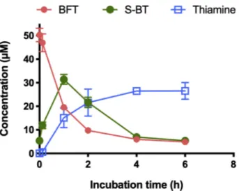 Fig. 5. Time-dependence of the concentrations of BFT, S-BT and thiamine in a culture medium supplemented with 50 μ M BFT (without thiamine) and 10 % FBS